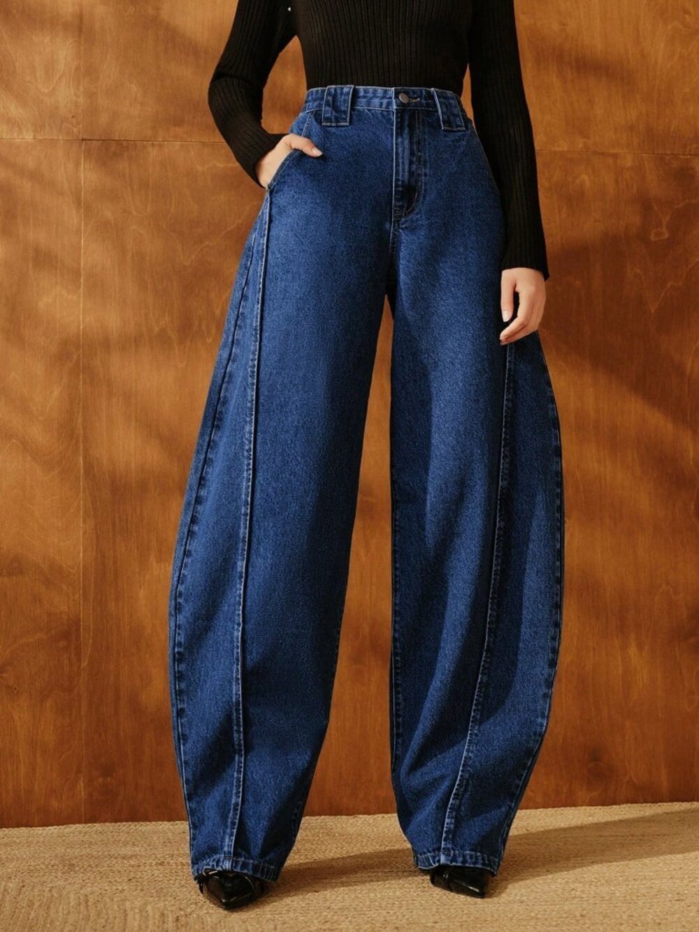 Blue Casual Women's Loose Baggy Mid Waist Long Tapered Carrot Pants - Picture 4 of 7